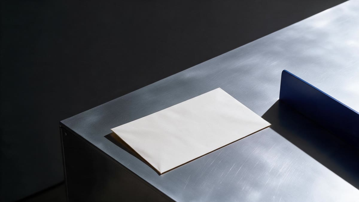 An unmarked work item rests on a brushed-metal review surface.